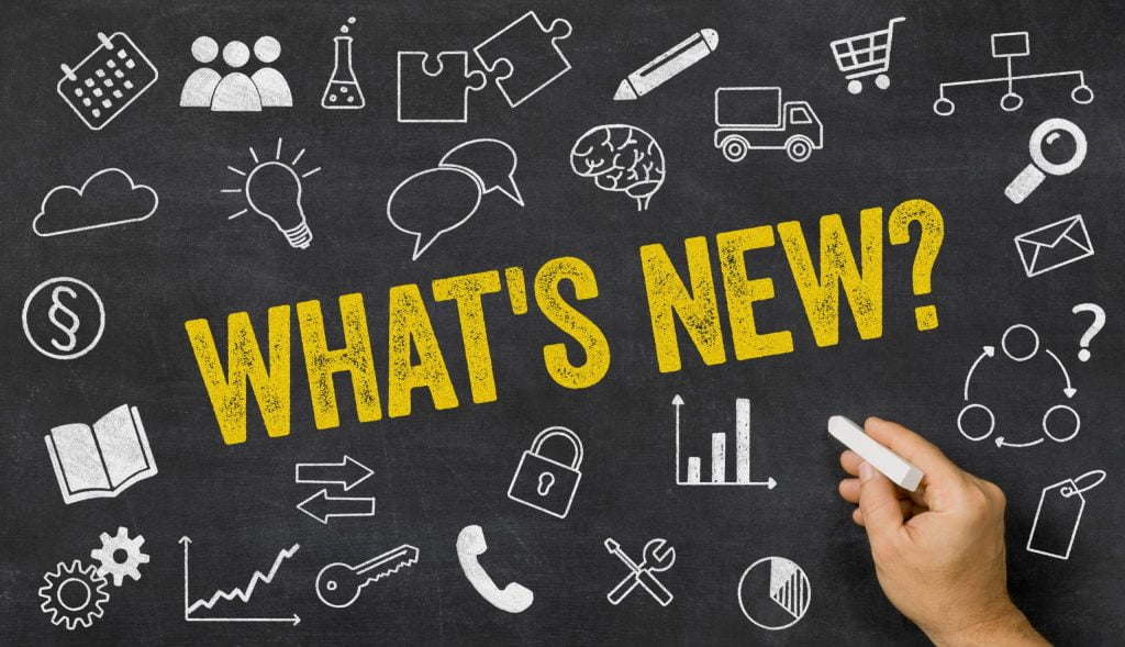 Blackboard with icons that reads what's new